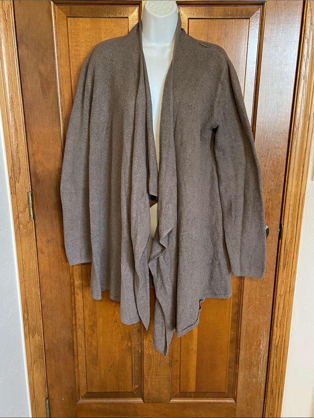 Barefoot Dreams CozyChic Lite Calypso wrap cardigan in a brown taupe color L/XL
